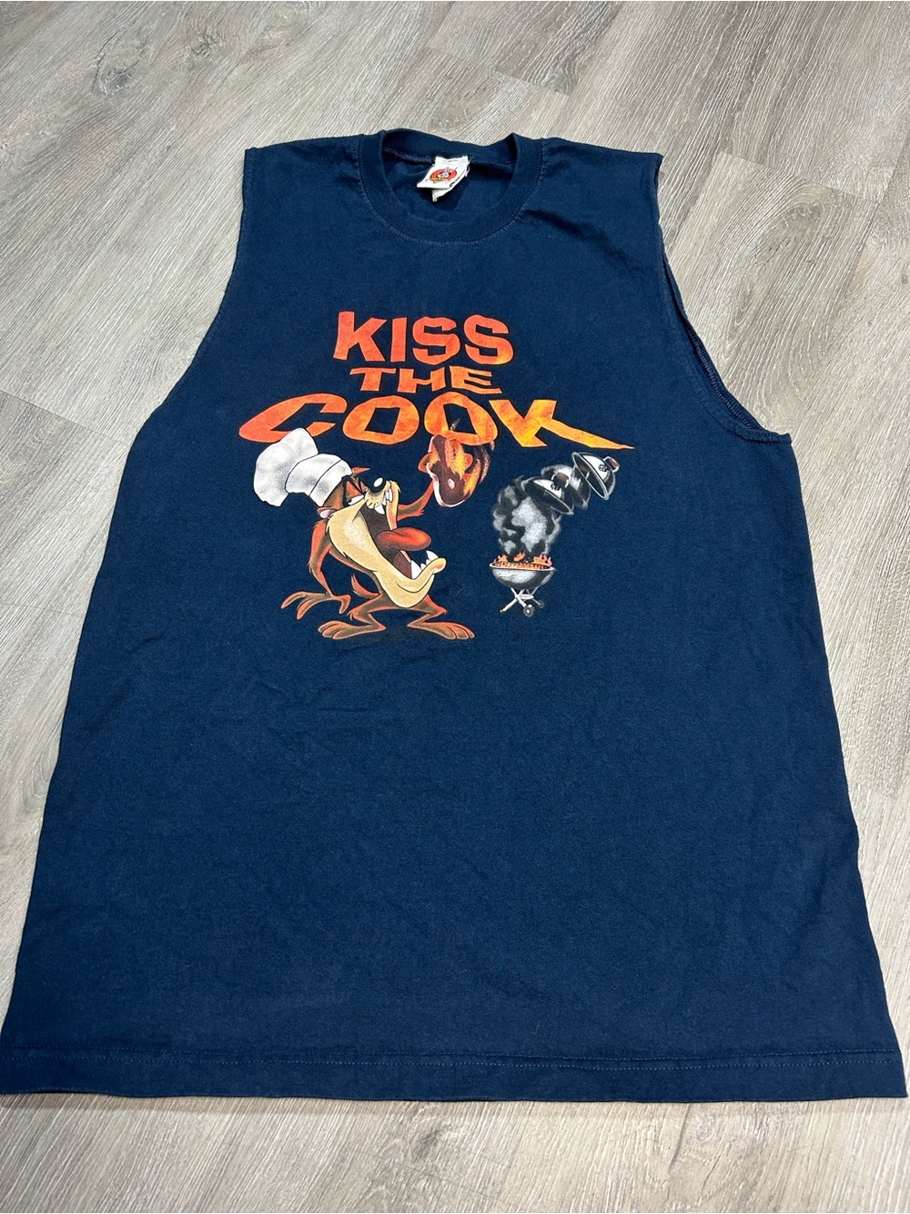 VTG LOONEY TUNES Navy Blue 'Kiss The Cook' Tank Top Taz Graphic Sz L